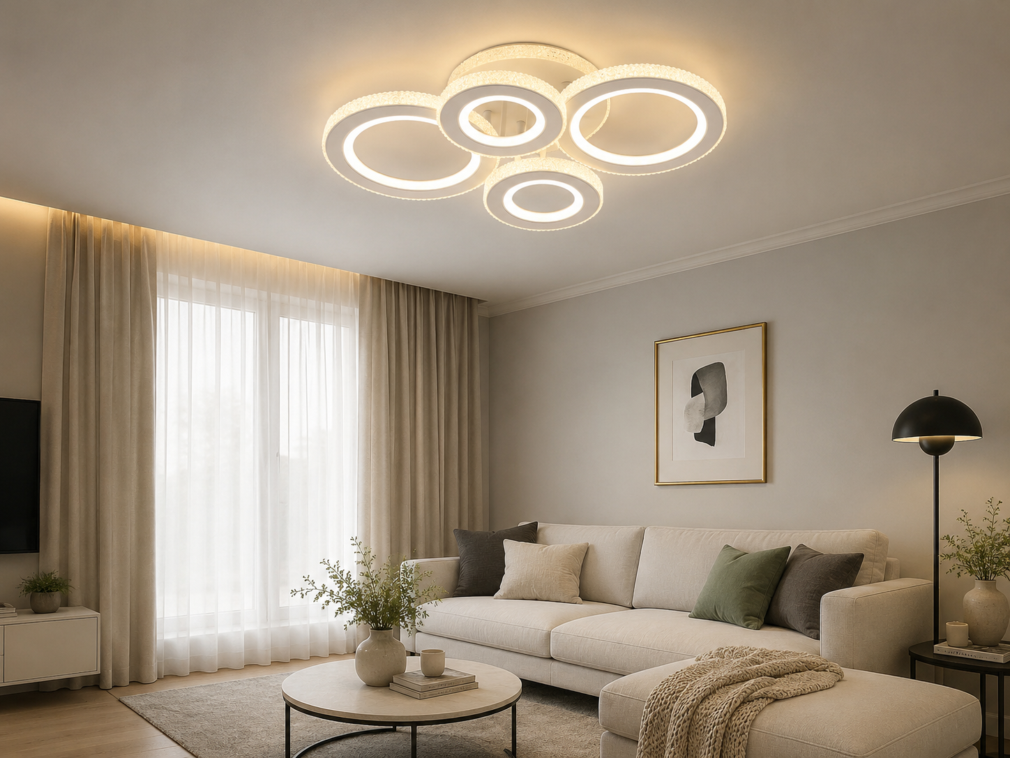 Lustră LED cu cristale, 150W, dimabilă cu telecomandă, lumină caldă-neutră-rece, Alb/Crom – Model 26032/2+2C