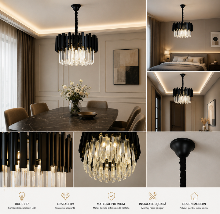Candelabru Negru cu Cristale, 5×E27, Ø40 cm, Design Elegant și Modern