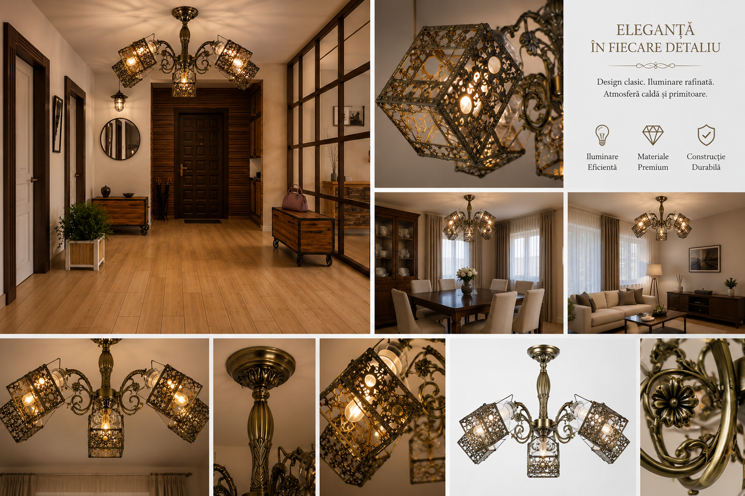 Candelabru clasic vintage 3 becuri, Ø640×H300 mm, suport E27, finisaj bronz antic, fără telecomandă