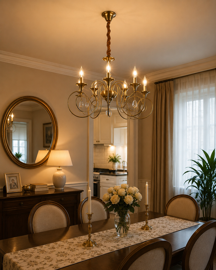 Candelabru cu 5 brațe E14, cupru antic, Ø450×H430 mm, design clasic cu cristale decorative 20317/5