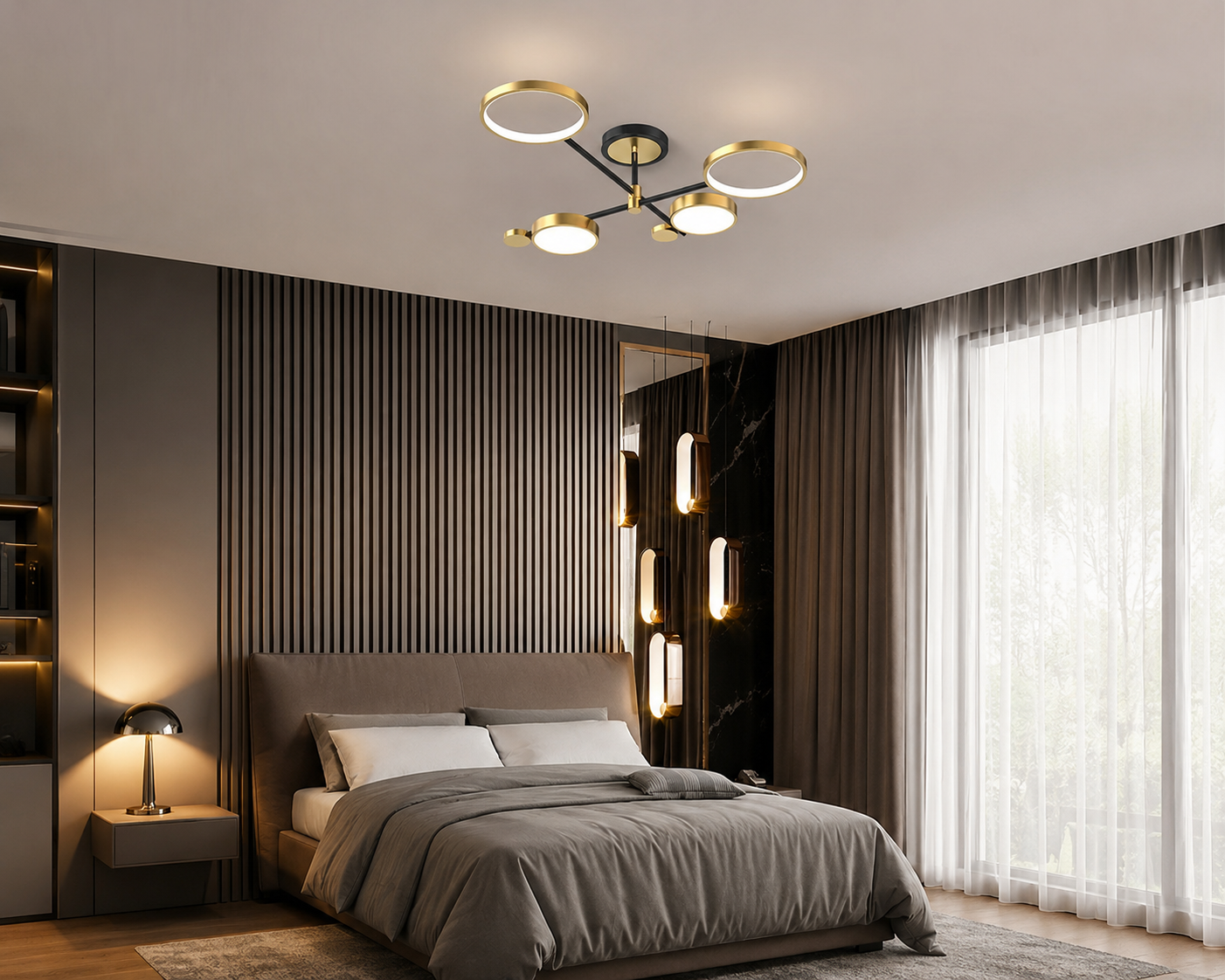 Lustra LED moderna 4 surse, 68W, 3 tipuri de lumina (rece/caldă/neutră), negru-auriu – IP21 8601/2+2