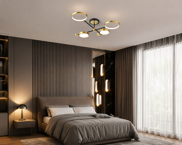 Lustra LED moderna 4 surse, 68W, 3 tipuri de lumina (rece/caldă/neutră), negru-auriu – IP21 8601/2+2