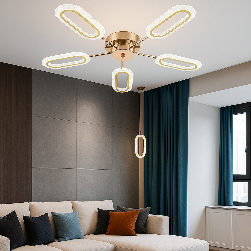 Lustră LED 5 Brațe cu Design Oval, 80W, Temperatură Reglabilă 3000–6500K, cu Telecomandă – Auriu & Cristal, Model L71236/5FGD