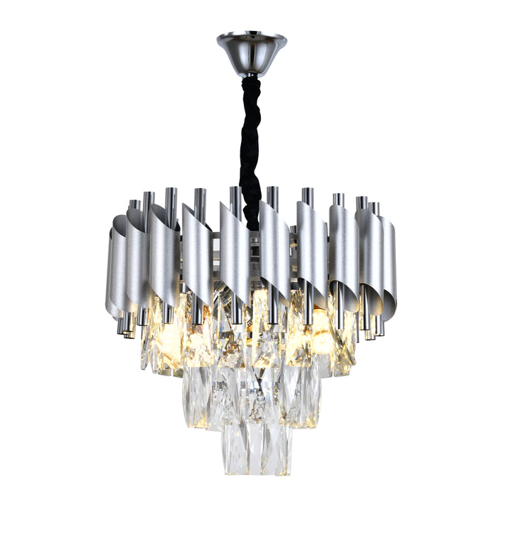 Candelabru modern N9001-300 SY, 3 x E27, diametru 30 cm, cristale și finisaj argintiu