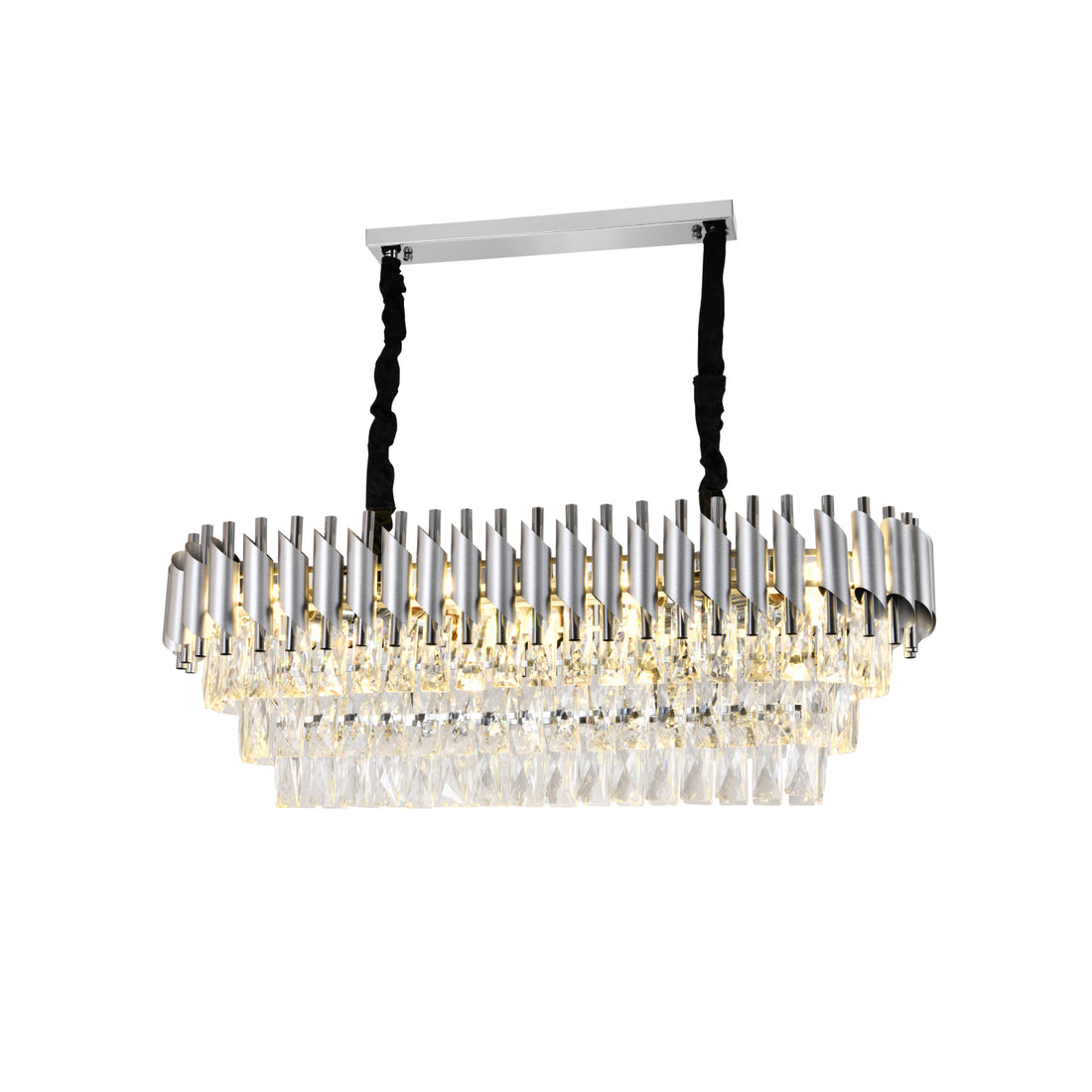 Candelabru rectangular N9001-800×300 SY, 8 x E27, dimensiuni 80×30 cm, finisaj argintiu și cristale