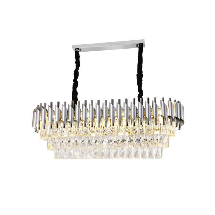Candelabru rectangular N9001-800×300 SY, 8 x E27, dimensiuni 80×30 cm, finisaj argintiu și cristale