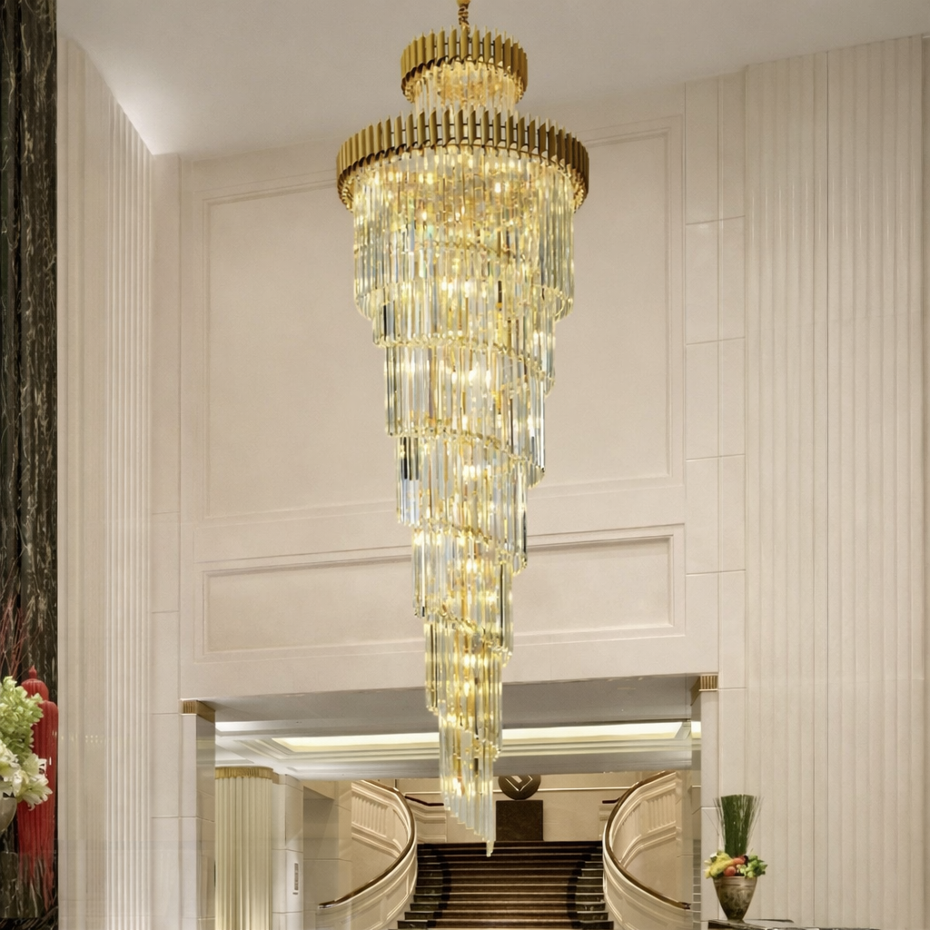 Candelabru auriu cu becuri Ø600x1800 mm pentru living inalt sau scara interioara eleganta