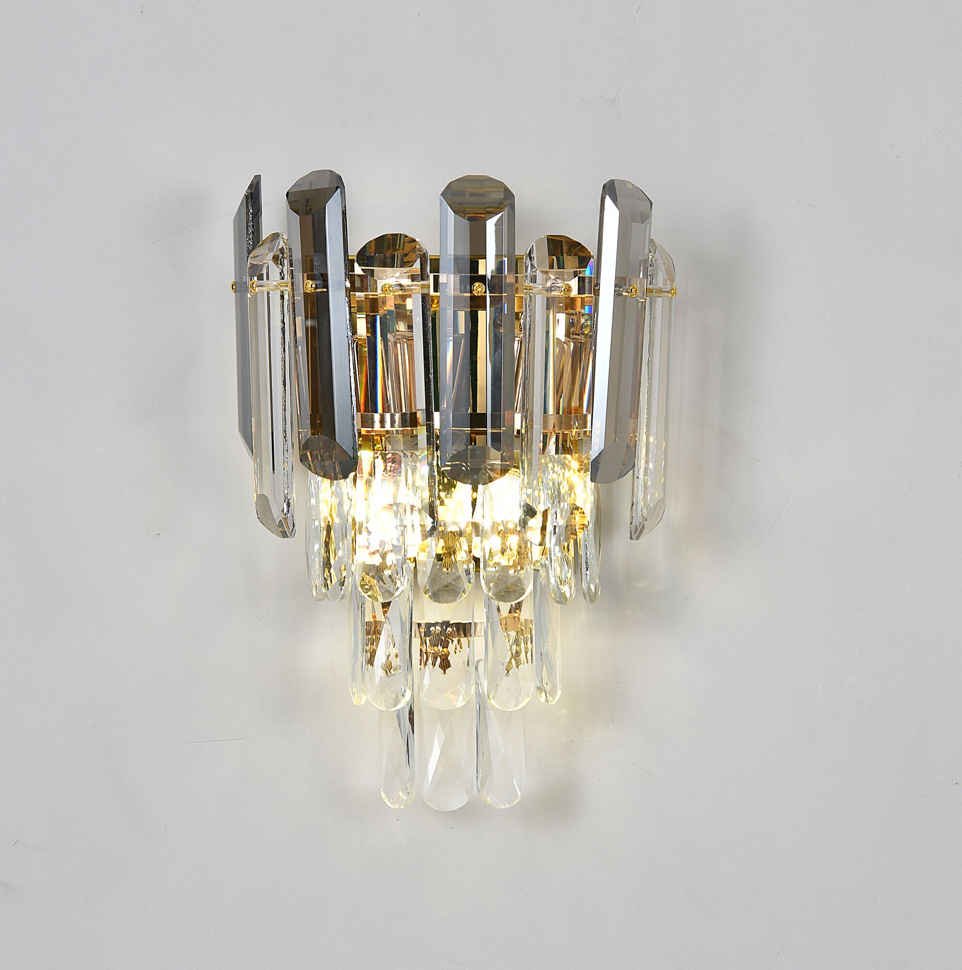 Aplica aurie de perete 220×110×H180 mm, 2 becuri E14, cu cristale verticale elegante