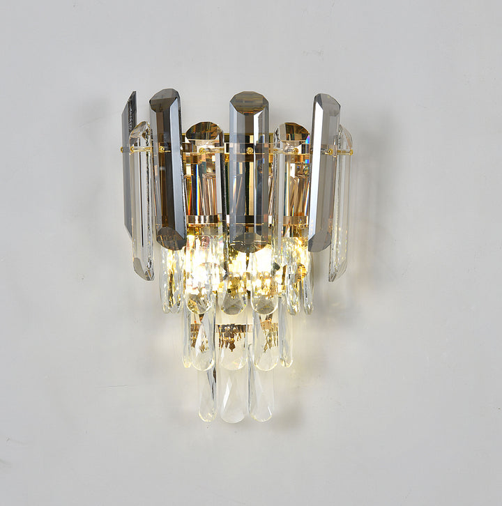 Aplica aurie de perete 220×110×H180 mm, 2 becuri E14, cu cristale verticale elegante