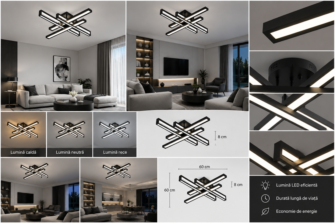 Lustra LED Neagra 4 Brate, 212W, 3000-6500K, Telecomanda Inclusa, Model L77285/2+2