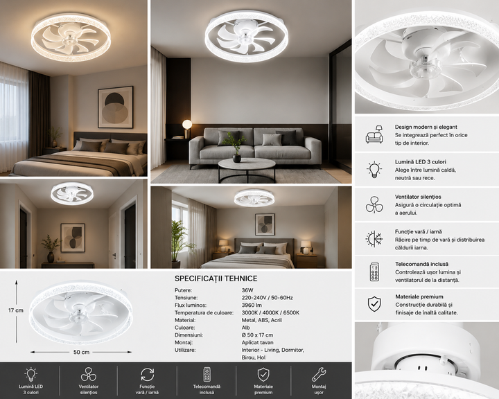 Lustra LED cu Ventilator si  telecomanda – 52W, Ø480×H130 mm, Alb, 3000–6500K 26253/480