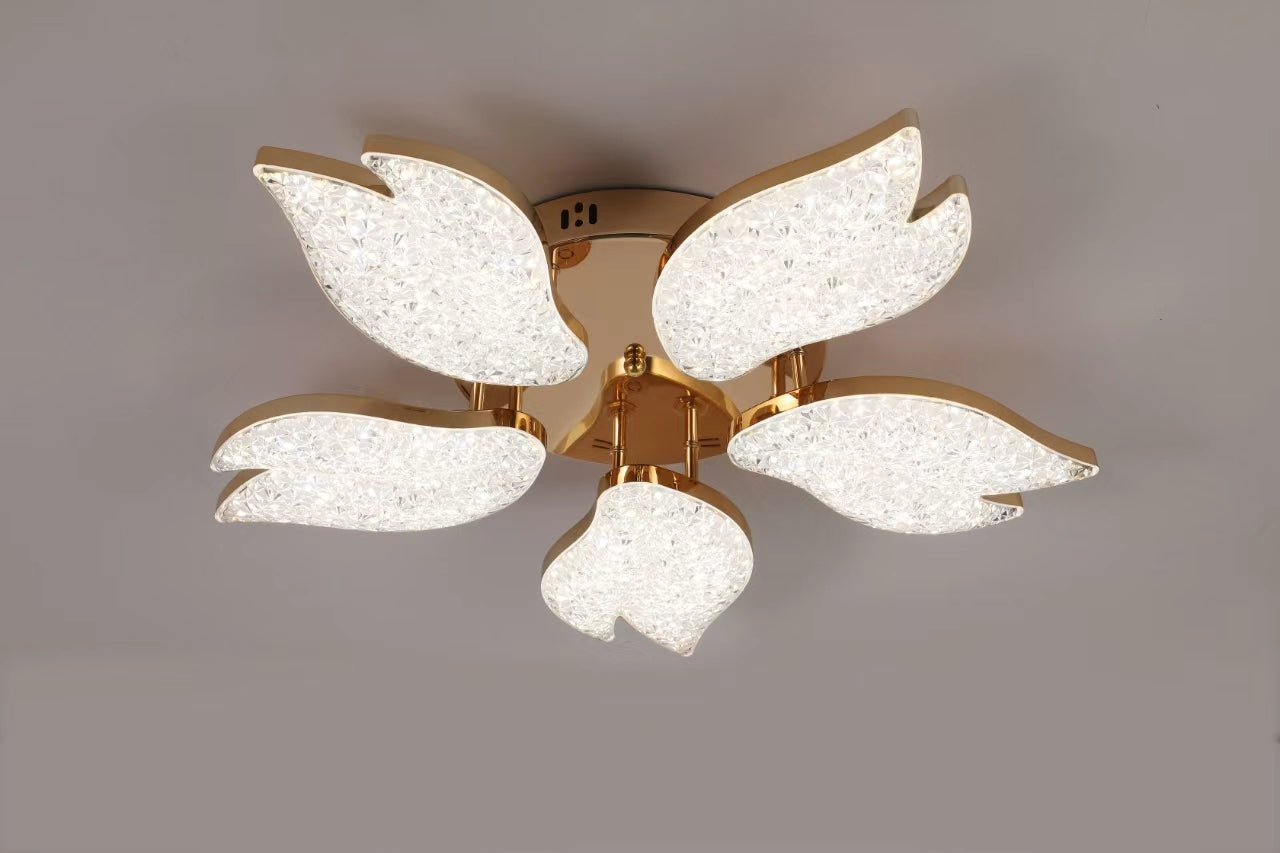 Lustra LED moderna aurie cu petale acrilice, 100W, Ø61 cm, model 9141/5 FGD, lumină 3000–6500K, telecomandă