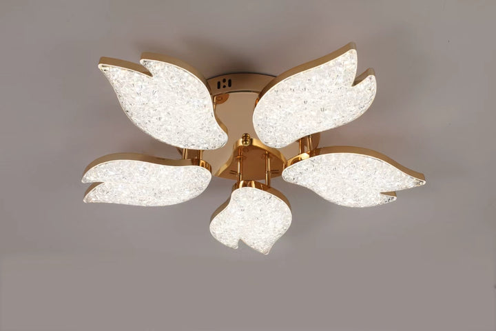 Lustra LED moderna aurie cu petale acrilice, 100W, Ø61 cm, model 9141/5 FGD, lumină 3000–6500K, telecomandă