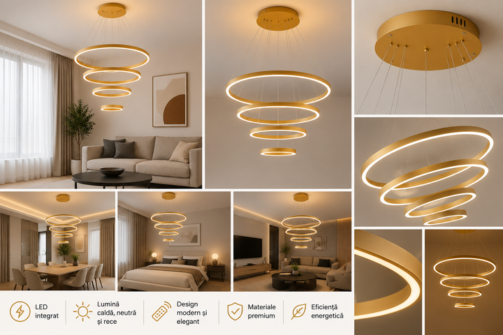 Pendul LED cu telecomanda, 220W, lumina reglabila 2800K–6500K, Ø800×H1200 mm, 4 inele aurii, design suspendat modern