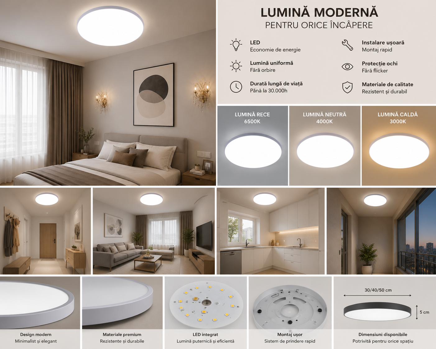 Plafoniera LED rotunda, Ø460 mm, 96W, 6500K, ML-002/460WH