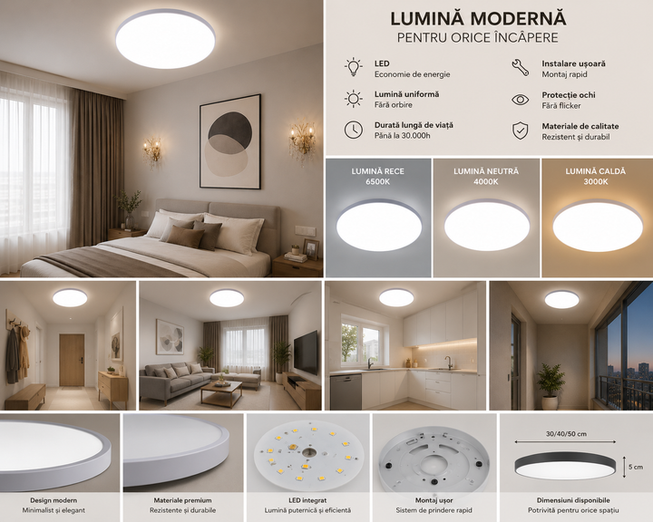 Plafoniera LED rotunda, Ø460 mm, 96W, 6500K, ML-002/460WH