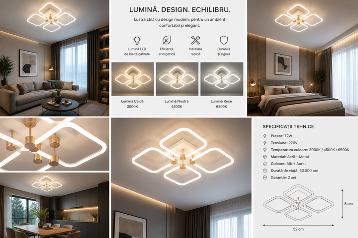Lustra LED moderna cu design geometric – Model 26077/4FGD+WH