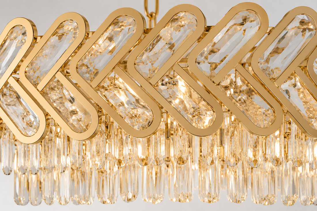Candelabru Auriu Cristal 10 Becuri E27, Ø500 mm, Design Modern cu Elemente Geometrice, Fara Telecomanda