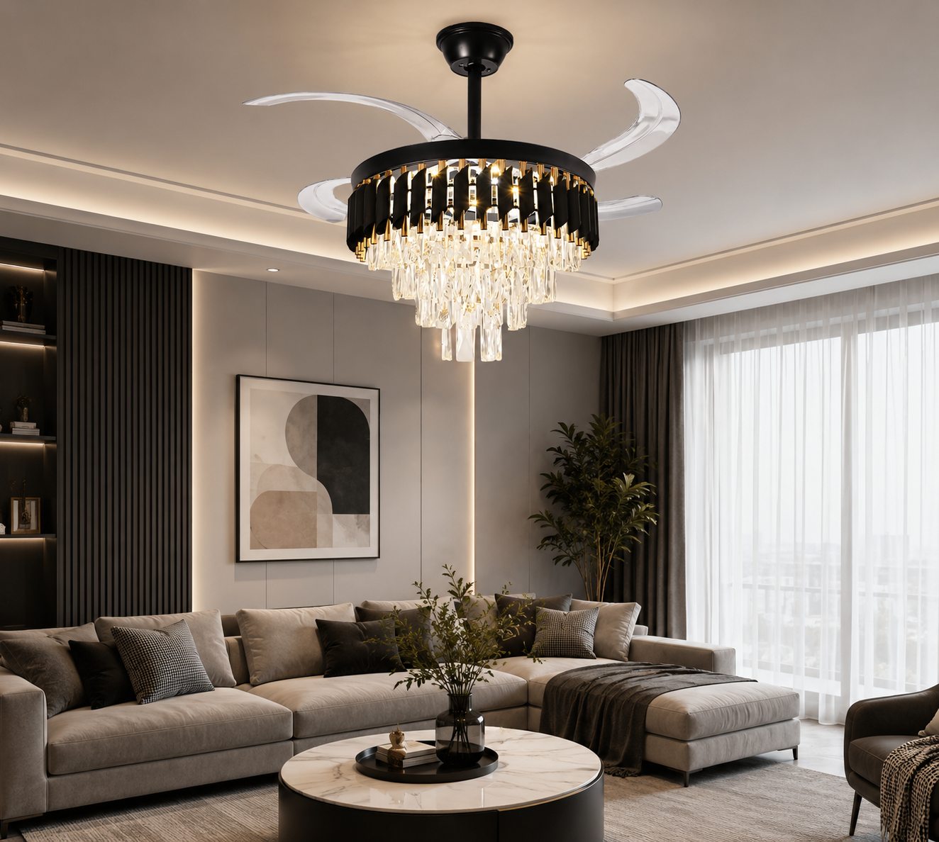 Candelabru cu Ventilator LED și Telecomandă – F9001/500 BK+GD, 96W