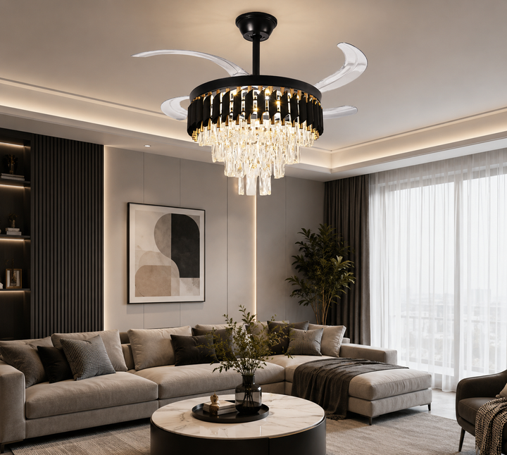 Candelabru cu Ventilator LED și Telecomandă – F9001/500 BK+GD, 96W