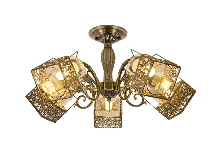 Candelabru  vintage cu 5 brațe, Ø640×H300 mm, suport E27 max 60W, finisaj bronz antic, fără telecomandă