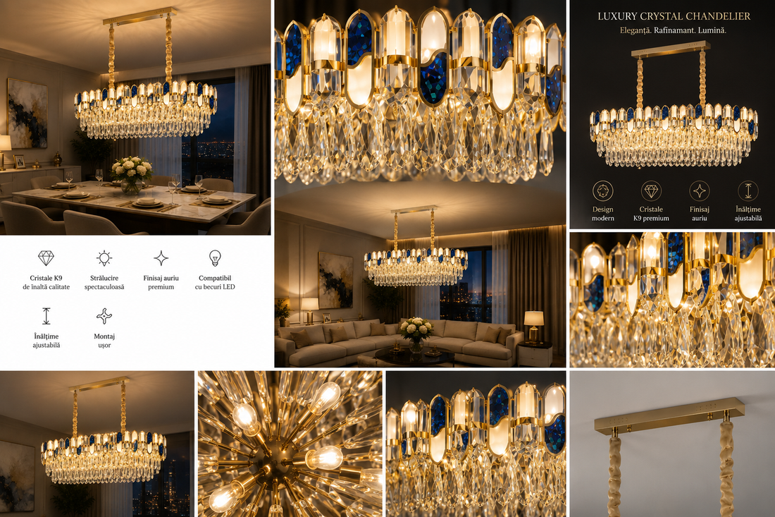 Candelabru elegant cu cristale, Ø800 mm, 8xE27, temperatură 2800–6500K – model 9028/800×350