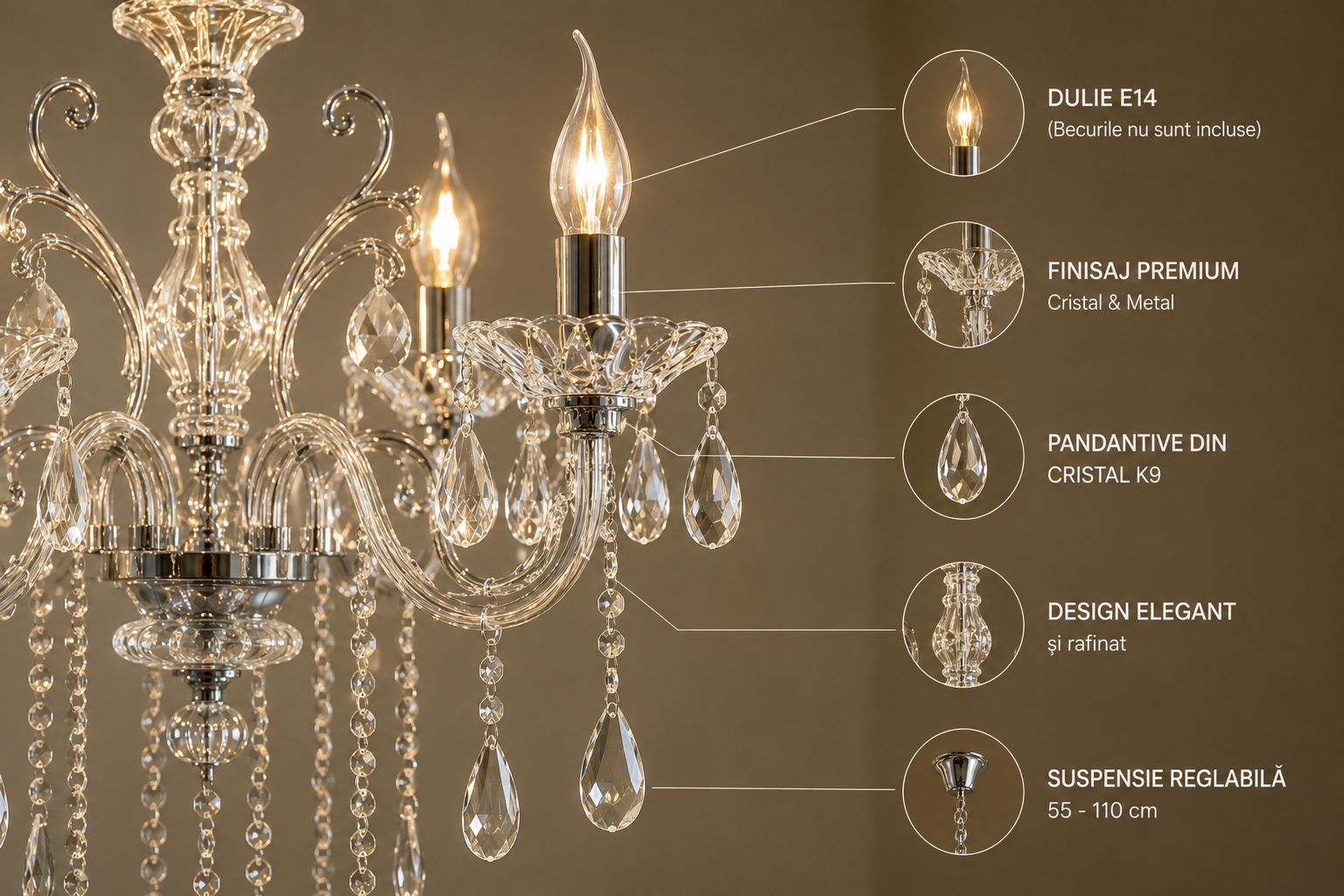 Candelabru Clasic cu Cristale, 8×E14, Ø74 cm, Finisaj Argintiu Elegant 2277/8