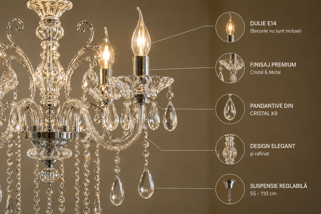 Candelabru Clasic cu Cristale, 8×E14, Ø74 cm, Finisaj Argintiu Elegant 2277/8