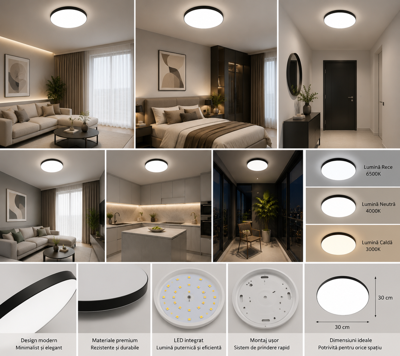 Plafoniera LED rotundă, Ø370 mm, 45W, 6500K, ML-002/370 BK