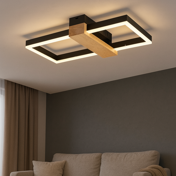 Lustra LED Modernă 9416 BK+WOOD – Stil Geometric cu Accente din Lemn