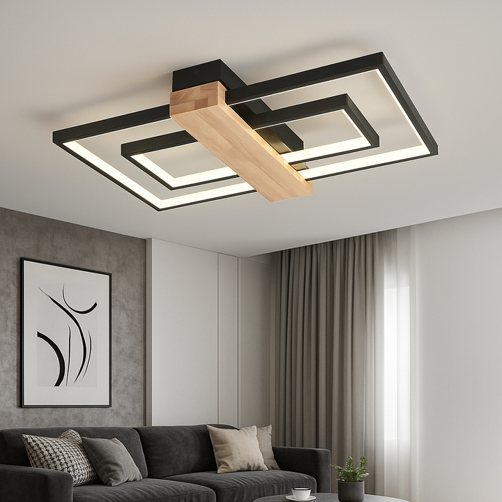 Lustra LED Modernă 9417 BK+WOOD – Design Elegant cu Accente din Lemn