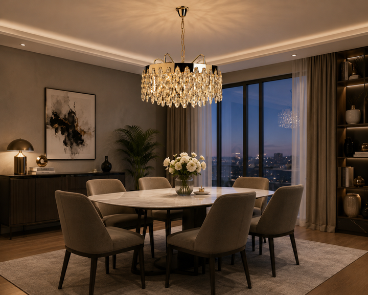 Candelabru cu cristale, 10 becuri E27, Ø500×H640 mm, montaj suspendat, finisaj cromat elegant