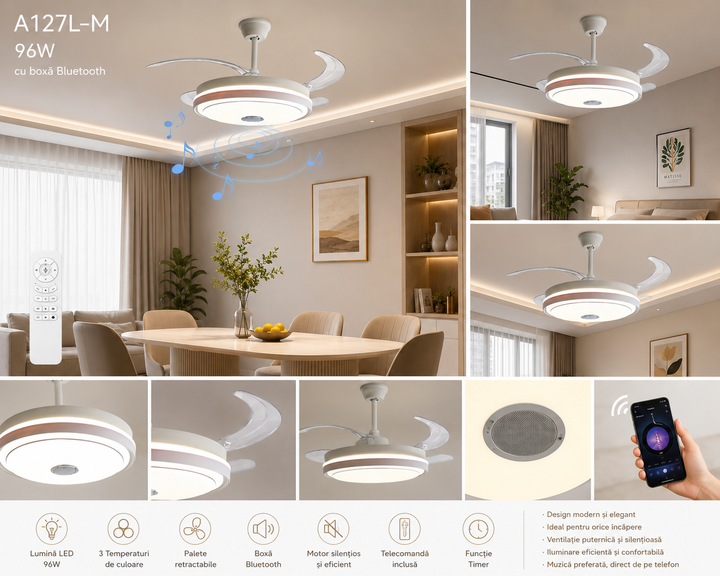 Ventilator de tavan cu LED și boxă Bluetooth 96W – A127L-M