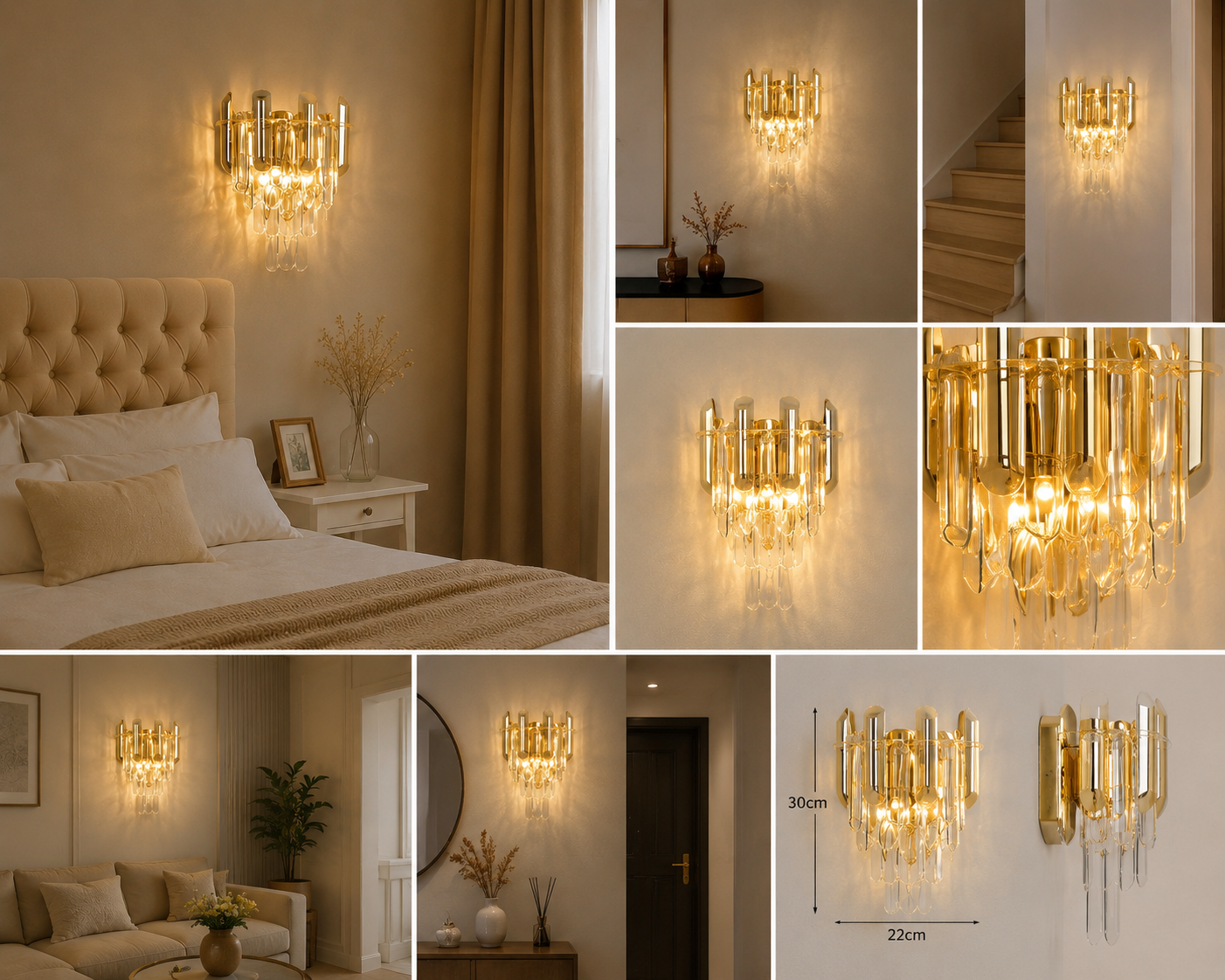 Aplica aurie de perete 220×110×H180 mm, 2 becuri E14, cu cristale verticale elegante 9029/2