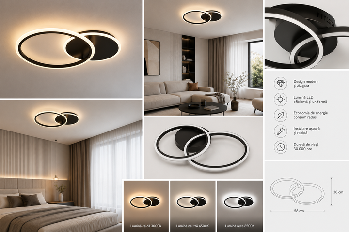 Lustra led LED cu cercuri, model 8888/2BK , Negru, telecomandă, 66W
