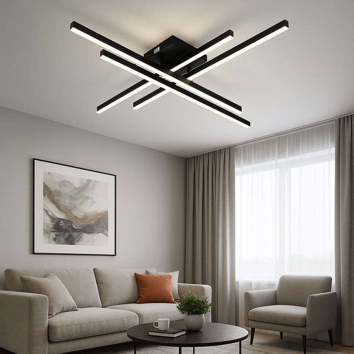 Lustră LED tavan modernă 9794/4BK, 112W, 850×850 mm, lumină reglabilă 3000–6500K, cu telecomandă