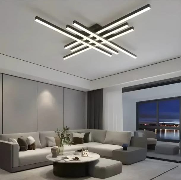 Lustră LED plafon 9795/6BK, 224W, 1200×1200 mm, temperatură reglabilă 3000–6500K, cu telecomandă, design modern negru