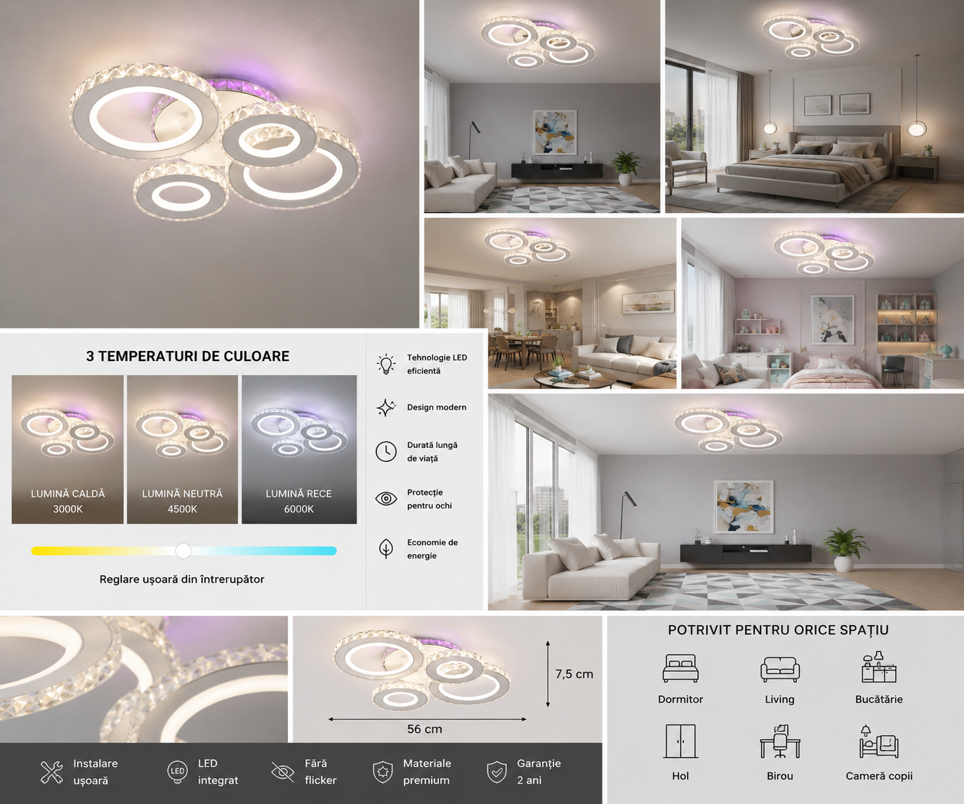 LUSTRA LED 160W CU TELECOMANDĂ, 545X445X160 MM, LUMINĂ REGLABILĂ 3000–6500K – MODEL 19373/2+2WH