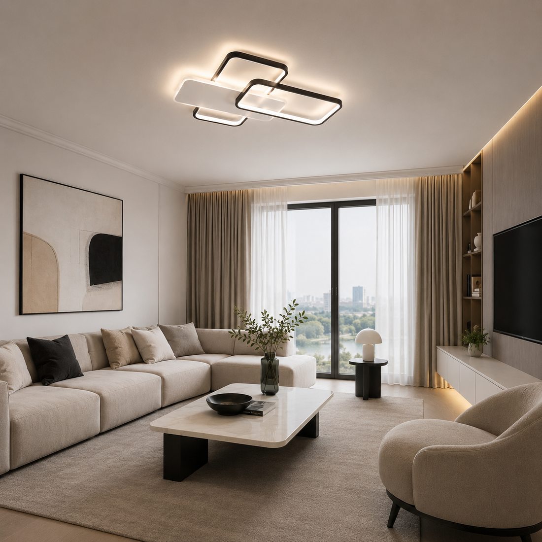 Lustră LED modernă cu telecomandă, 122W, lumină reglabilă 3000–6500K – model 9906/2 WH+BK
