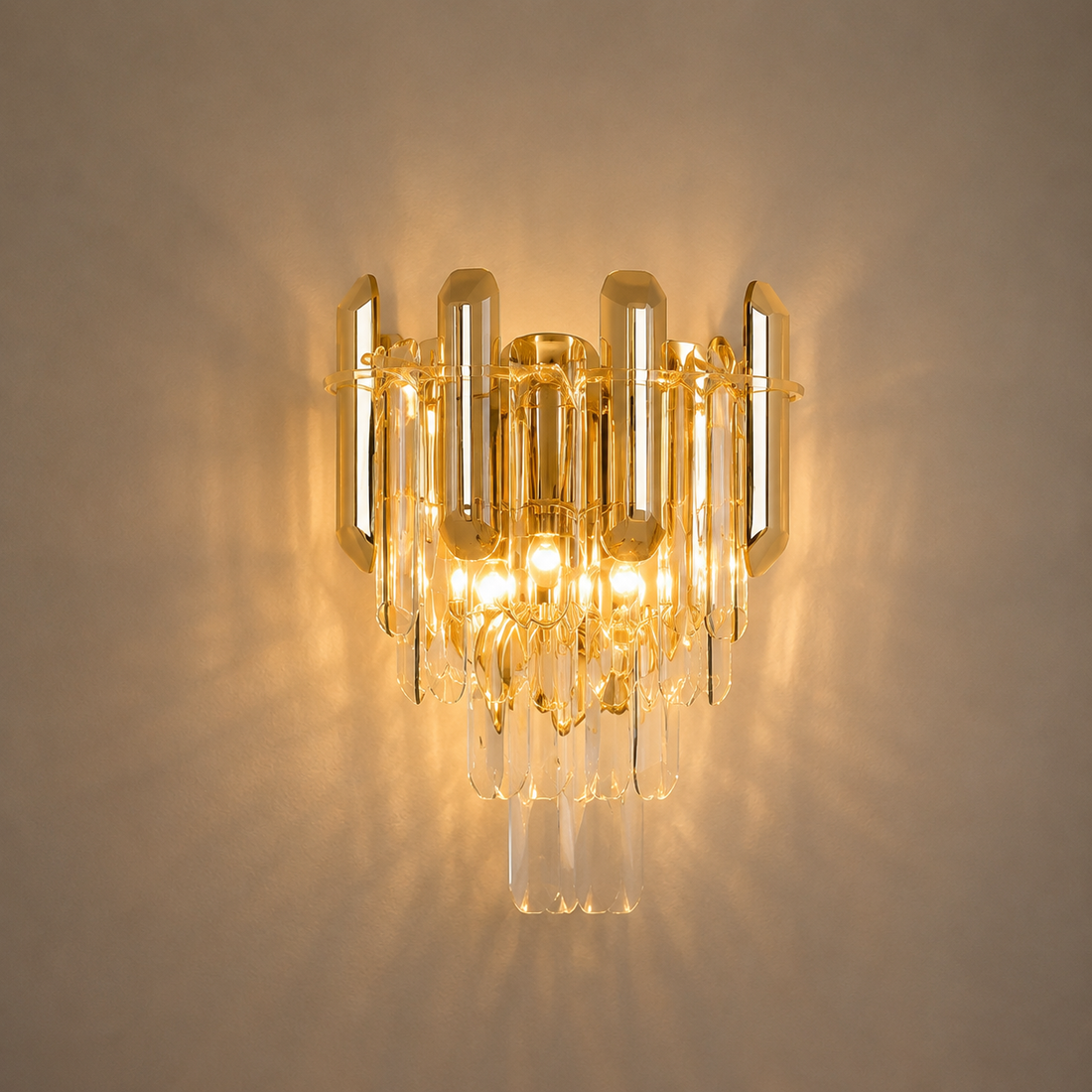 Aplica aurie de perete 220×110×H180 mm, 2 becuri E14, cu cristale verticale elegante 9029/2
