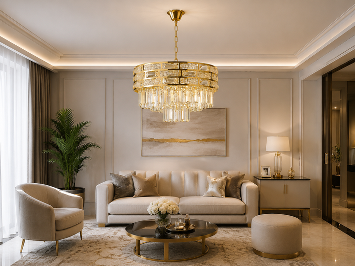 Candelabru Auriu Cristal 6 Becuri E27, Ø400 mm, Design Elegant Lux, Fara Telecomanda