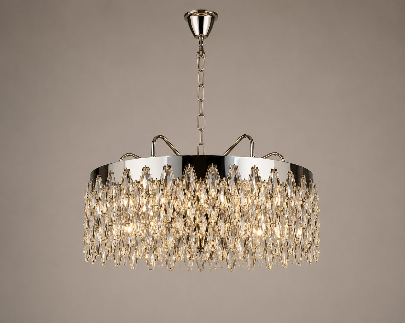 Candelabru cu cristale, 10 becuri E27, Ø500×H640 mm, montaj suspendat, finisaj cromat elegant