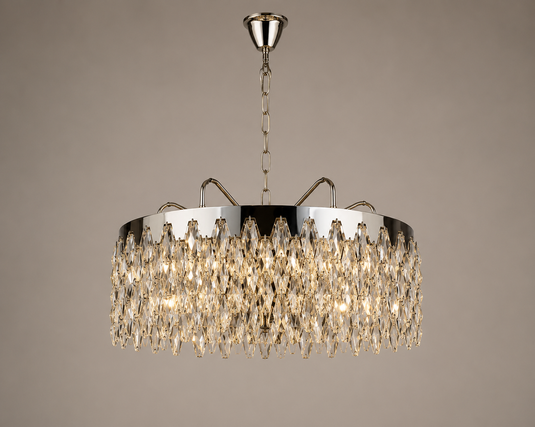 Candelabru cu cristale, 10 becuri E27, Ø500×H640 mm, montaj suspendat, finisaj cromat elegant