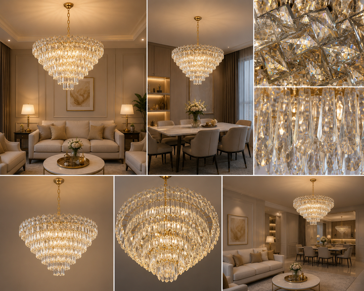 CANDELABRU AURIU CU CRISTALE – 8650/500 | Ø50 CM, 7X E27, ELEGANȚĂ ȘI RAFINAMENT