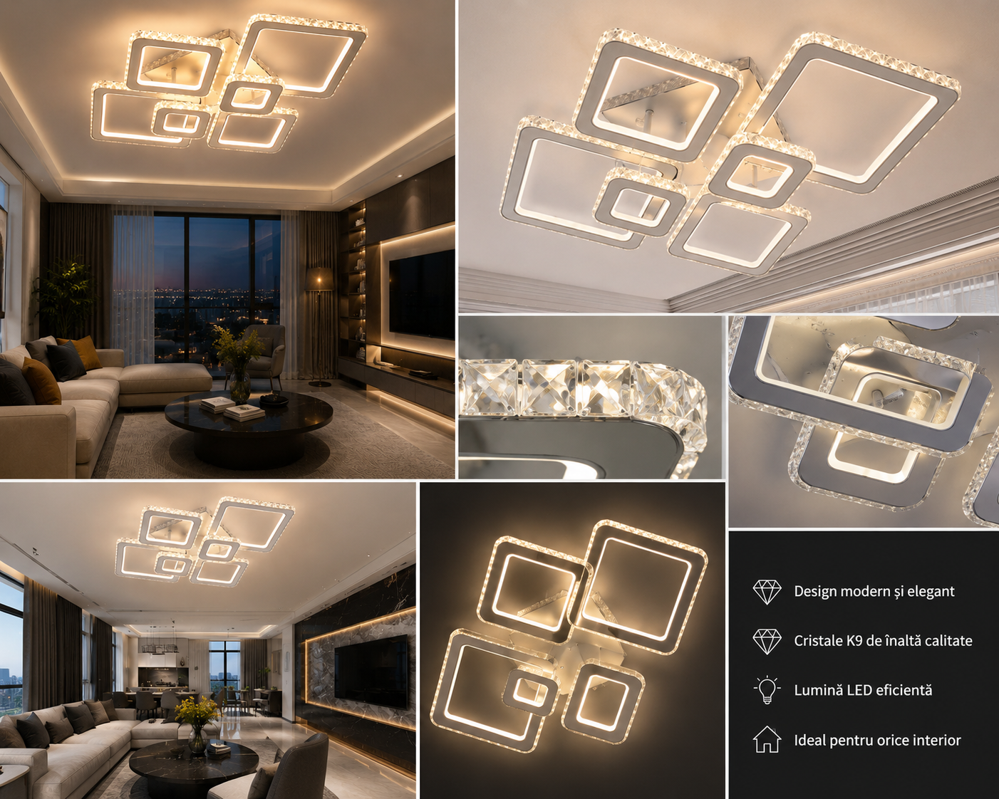 LUSTRĂ LED CU TELECOMANDĂ, 288W, LUMINĂ REGLABILĂ 3000K–6500K, 880×610×160 MM, DESIGN MODERN PENTRU SPAȚII MARI 19376/4+2BK