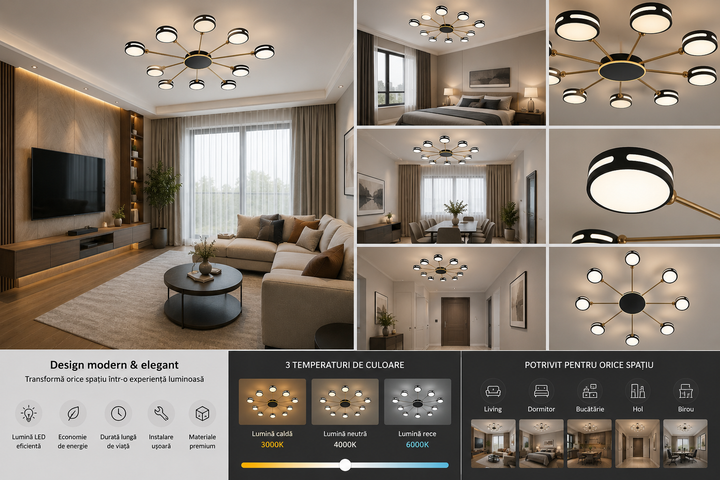 Lustră LED Modernă cu Telecomandă, 220W, Ø975 mm, Lumină Reglabilă 3000K–6500K