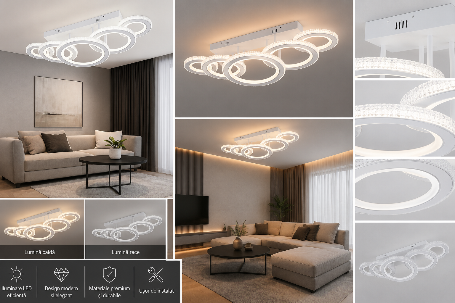 Lustră LED modernă cu cristale,178W, dimabilă cu telecomandă, lumină caldă-neutră-rece, Alb & Crom – Model 26032/1+2+2