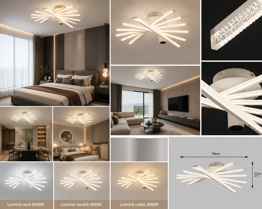 Lustra LED cu telecomandă, 620×620×200 mm, 144W, 3300K–6500K, finisaj alb, 2815/6