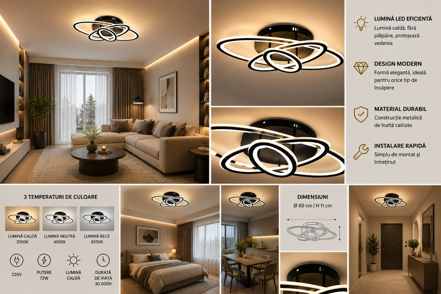 Lustră LED 19082/3 BK CU TELECOMANDA,Lumina Reglabilă 3000K-6500K