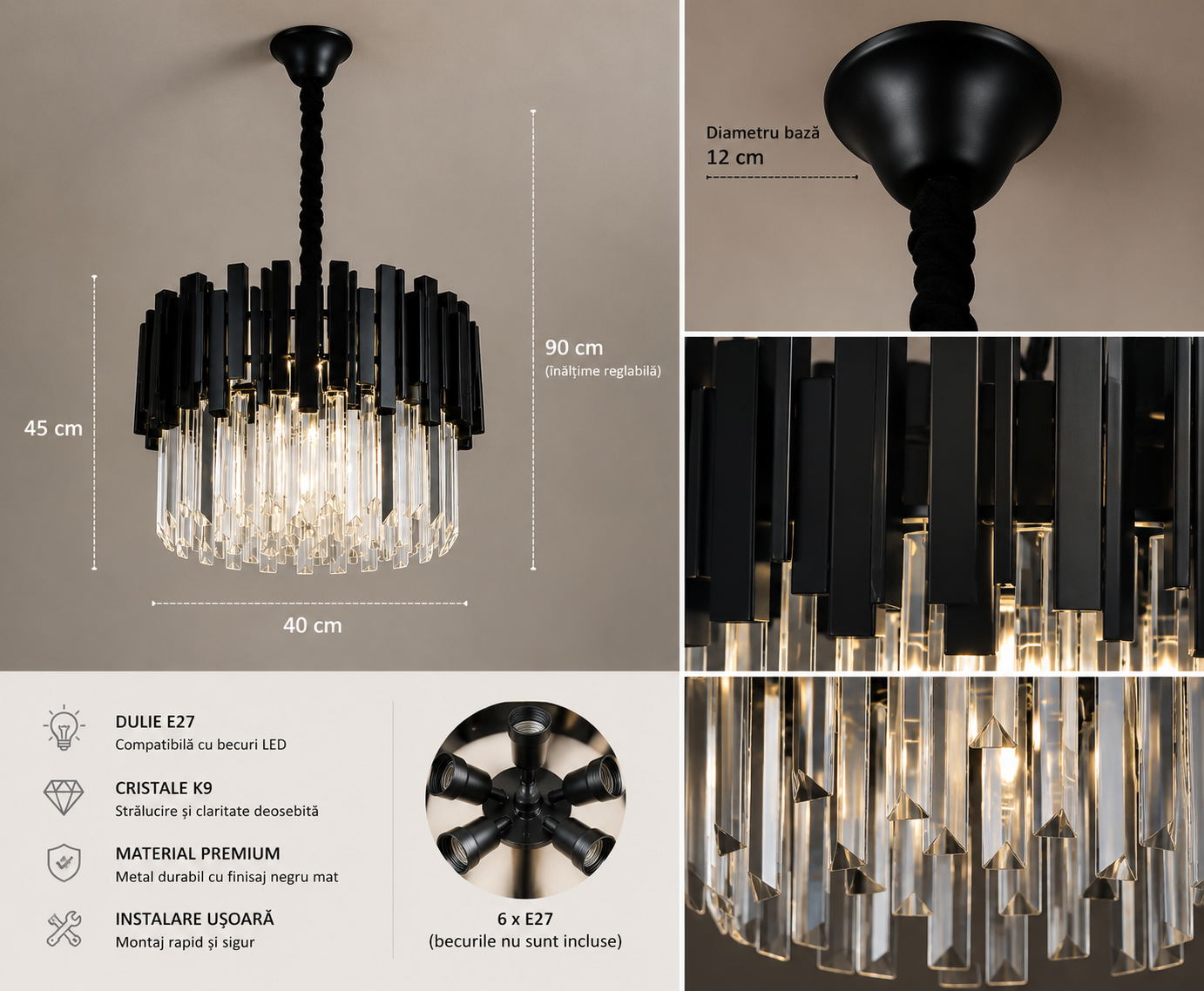 Candelabru Negru cu Cristale, 5×E27, Ø40 cm, Design Elegant și Modern
